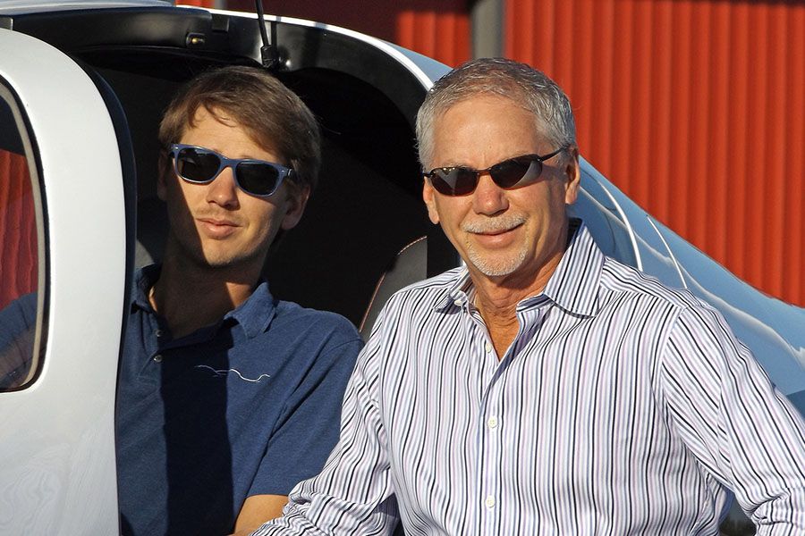 Conrad Huffstutler and Mark Huffstutler in the cockpit of a Lancair Mako
