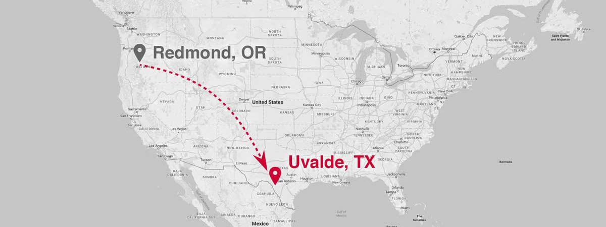 US map with Redmond to Uvalde route